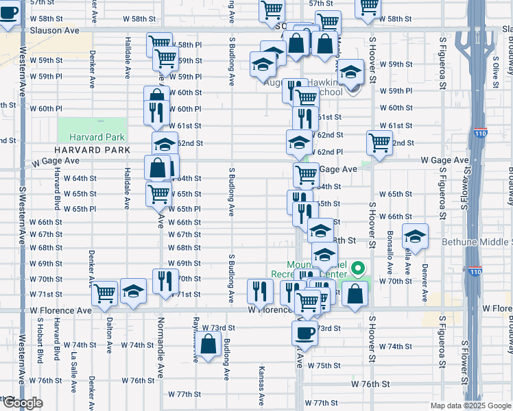 map of restaurants, bars, coffee shops, grocery stores, and more near 1119 West 65th Place in Los Angeles