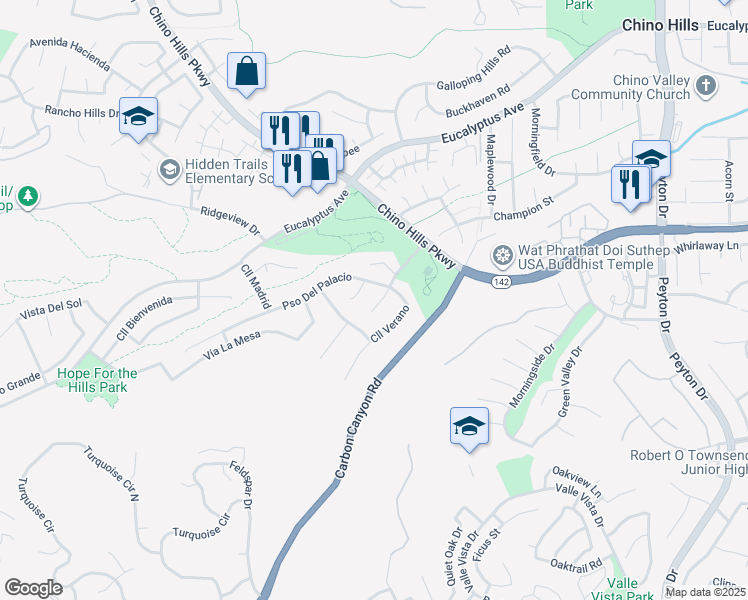 map of restaurants, bars, coffee shops, grocery stores, and more near 15050 Avenida De Las Flores in Chino Hills