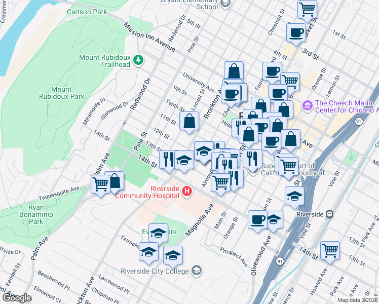 map of restaurants, bars, coffee shops, grocery stores, and more near 4210 Brockton Avenue in Riverside
