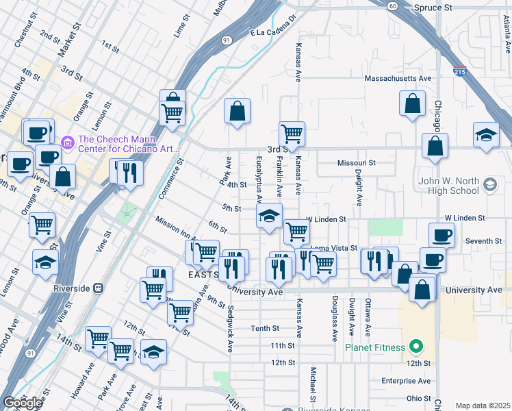map of restaurants, bars, coffee shops, grocery stores, and more near 2311 5th Street in Riverside