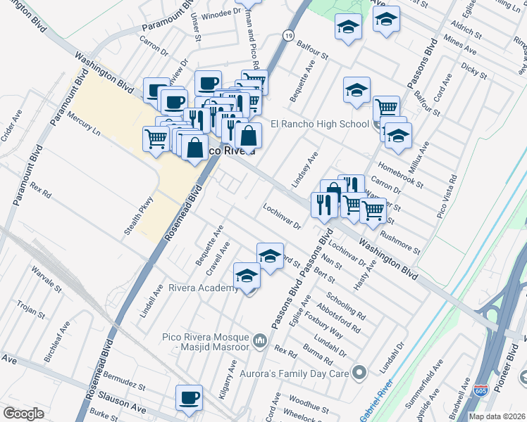 map of restaurants, bars, coffee shops, grocery stores, and more near 9202 Lochinvar Drive in Pico Rivera