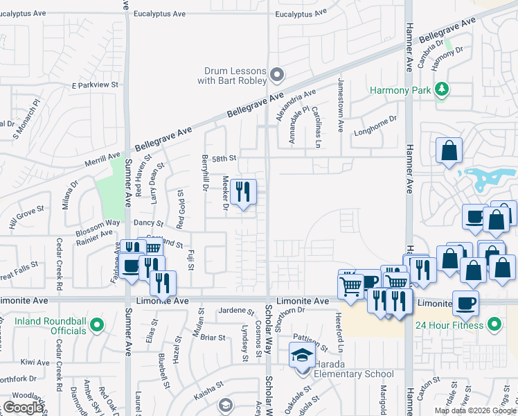 map of restaurants, bars, coffee shops, grocery stores, and more near 5978 Limonium Lane in Eastvale