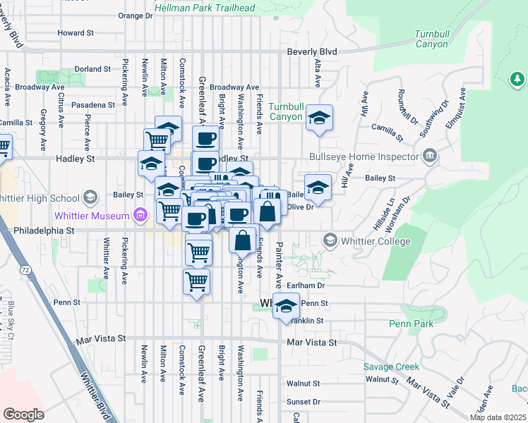 map of restaurants, bars, coffee shops, grocery stores, and more near 6728 Friends Avenue in Whittier