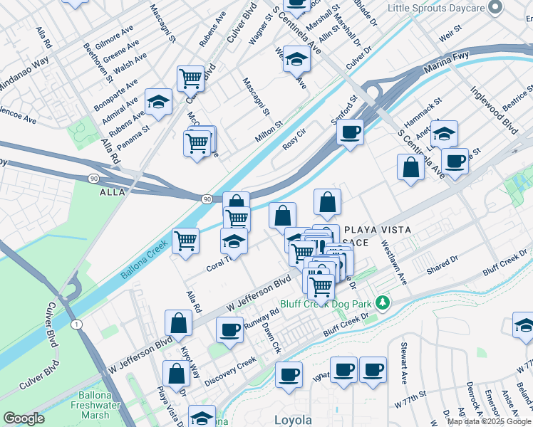 map of restaurants, bars, coffee shops, grocery stores, and more near 5300 McConnell Avenue in Los Angeles