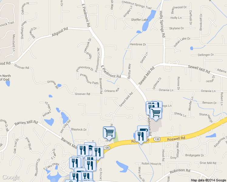 map of restaurants, bars, coffee shops, grocery stores, and more near 2271 Orleans Avenue in Marietta