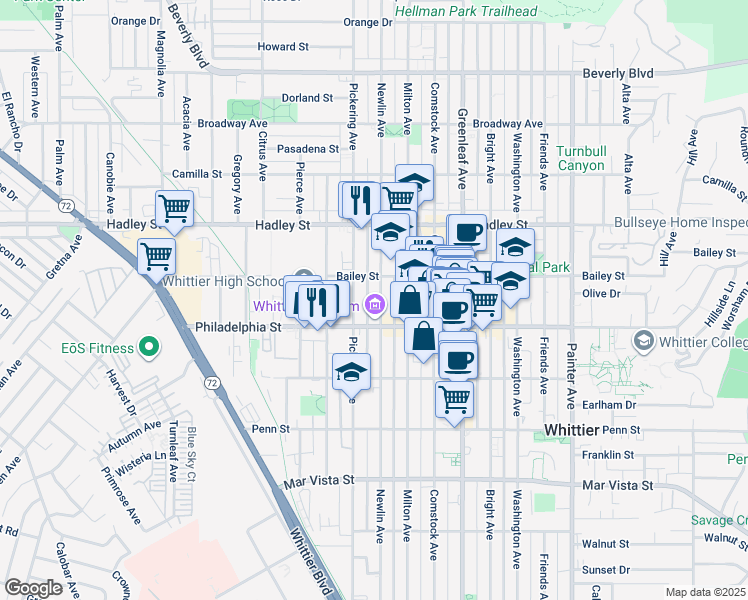 map of restaurants, bars, coffee shops, grocery stores, and more near 6725 Newlin Avenue in Whittier