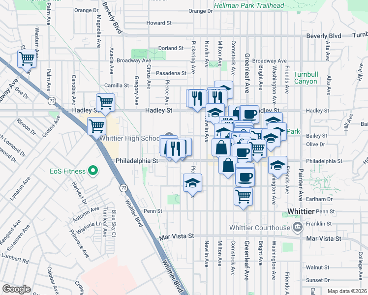 map of restaurants, bars, coffee shops, grocery stores, and more near 6726 Whittier Avenue in Whittier
