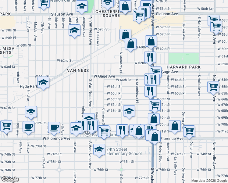 map of restaurants, bars, coffee shops, grocery stores, and more near 2031 West 65th Place in Los Angeles