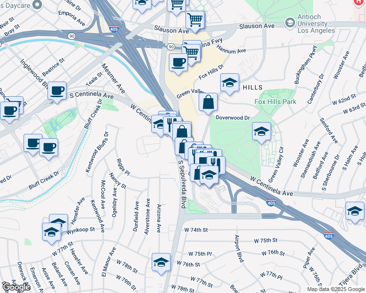 map of restaurants, bars, coffee shops, grocery stores, and more near 6701 Center Drive West in Los Angeles
