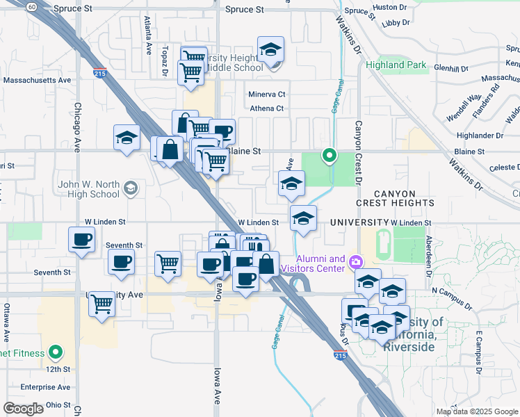 map of restaurants, bars, coffee shops, grocery stores, and more near 1170 Tripoli Street in Riverside