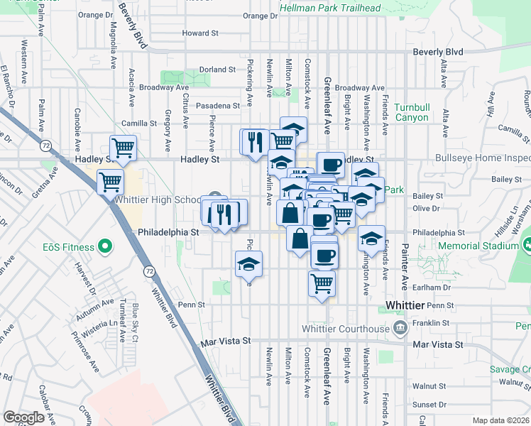 map of restaurants, bars, coffee shops, grocery stores, and more near 6725 Newlin Avenue in Whittier