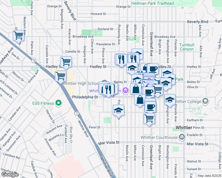 map of restaurants, bars, coffee shops, grocery stores, and more near in Whittier