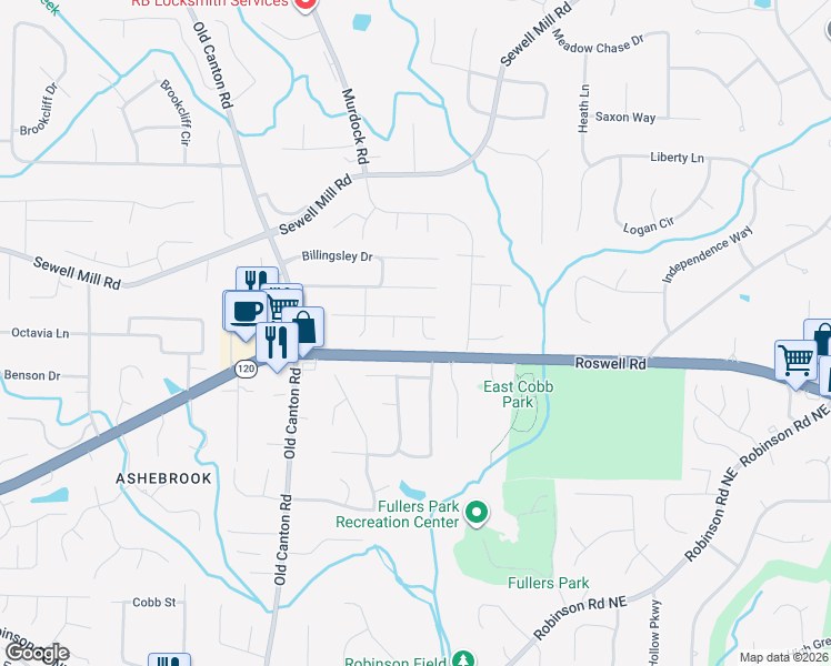 map of restaurants, bars, coffee shops, grocery stores, and more near 1235 Pemshire Court Northeast in Marietta