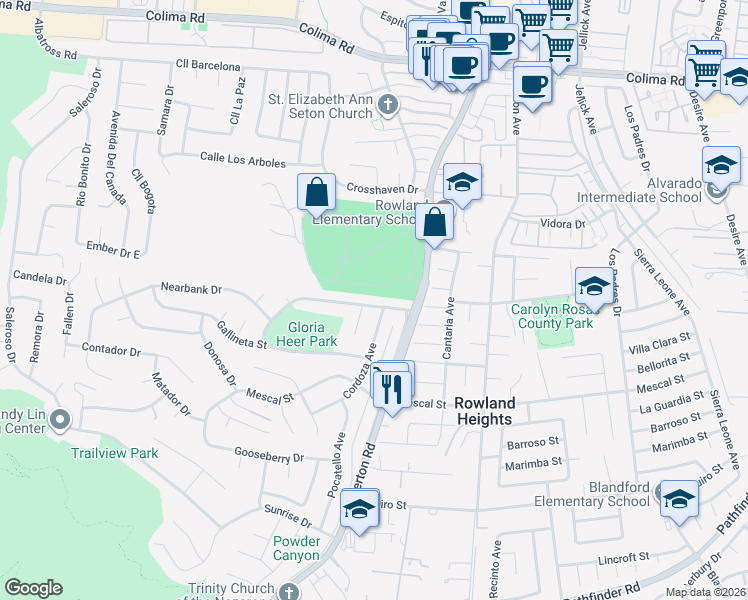 map of restaurants, bars, coffee shops, grocery stores, and more near 18153 Galatina Street in La Puente