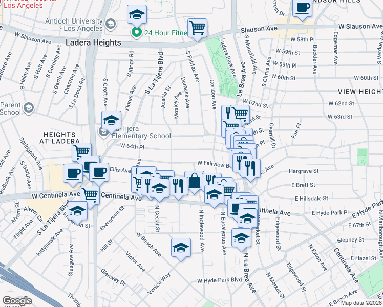 map of restaurants, bars, coffee shops, grocery stores, and more near 240 West 64th Place in Inglewood