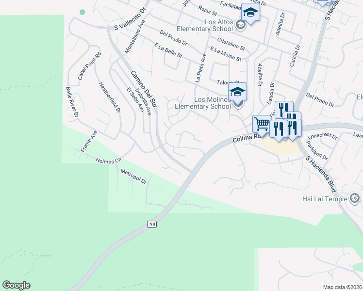 map of restaurants, bars, coffee shops, grocery stores, and more near 3438 Avocado Hill Way in Hacienda Heights