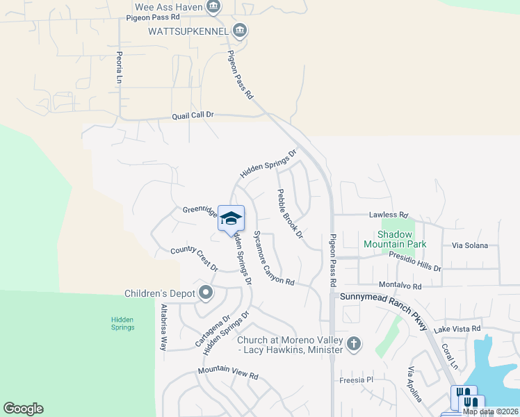 map of restaurants, bars, coffee shops, grocery stores, and more near 9688 Sycamore Canyon Road in Moreno Valley