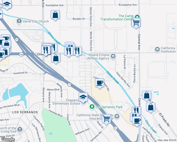 map of restaurants, bars, coffee shops, grocery stores, and more near 15050 Monte Vista Avenue in Chino Hills