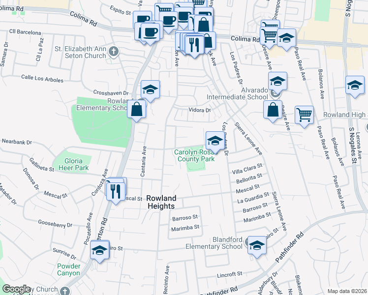 map of restaurants, bars, coffee shops, grocery stores, and more near Farjardo Street in Rowland Heights