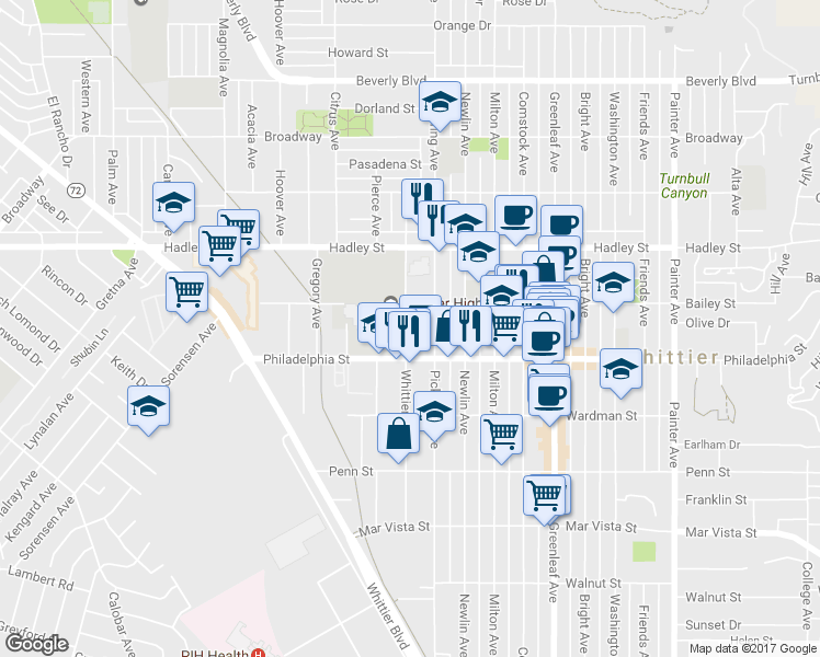 map of restaurants, bars, coffee shops, grocery stores, and more near 6726 Whittier Avenue in Whittier