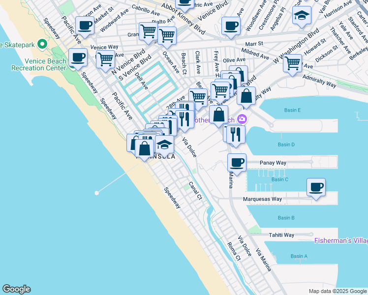 map of restaurants, bars, coffee shops, grocery stores, and more near 310 Washington Boulevard in Marina del Rey