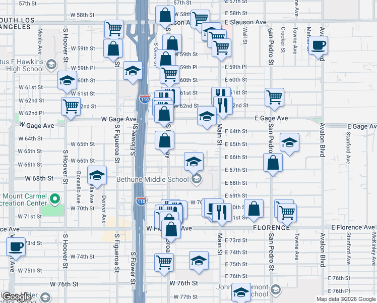 map of restaurants, bars, coffee shops, grocery stores, and more near 206 West 66th Street in Los Angeles