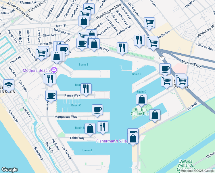 map of restaurants, bars, coffee shops, grocery stores, and more near in MARINA DL REY