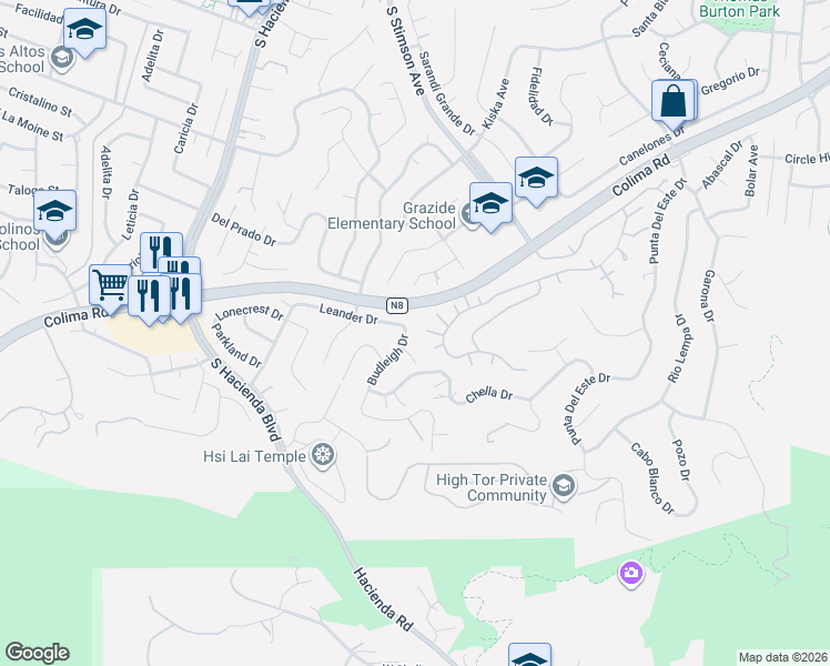 map of restaurants, bars, coffee shops, grocery stores, and more near 3236 Budleigh Drive in Hacienda Heights