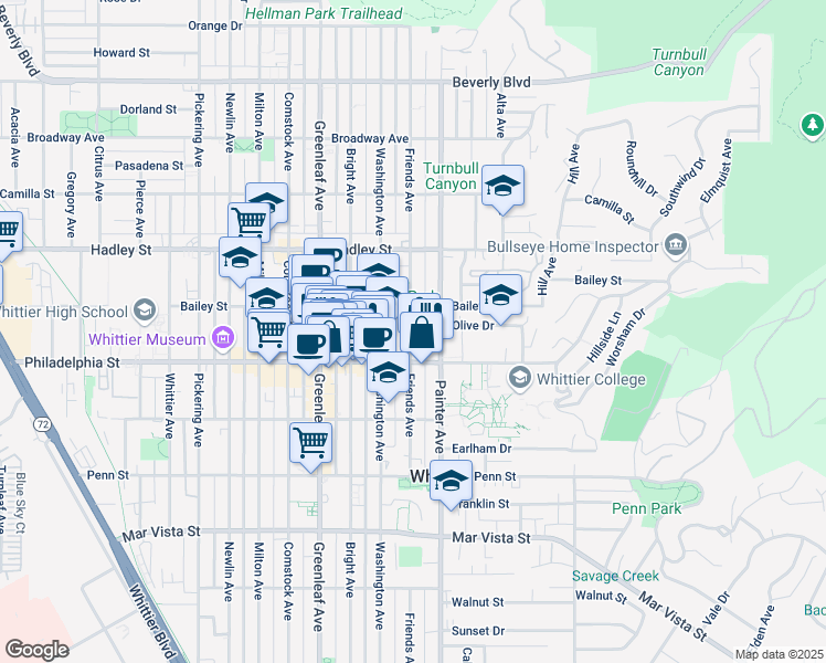 map of restaurants, bars, coffee shops, grocery stores, and more near 6728 Friends Avenue in Whittier