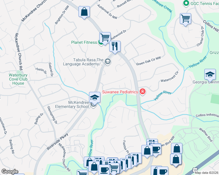 map of restaurants, bars, coffee shops, grocery stores, and more near 630 Oxford Crest Court Northwest in Lawrenceville