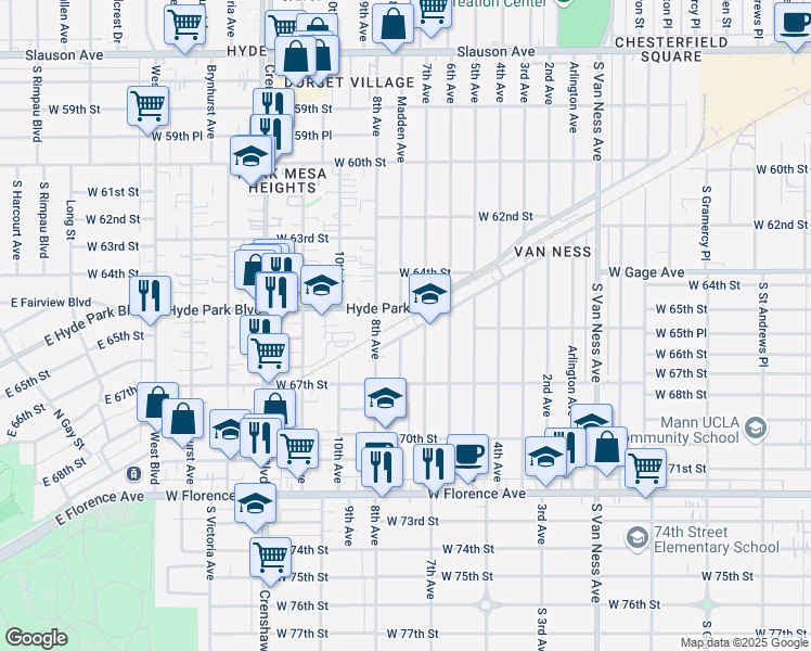 map of restaurants, bars, coffee shops, grocery stores, and more near 3015 Southwest Drive in Los Angeles