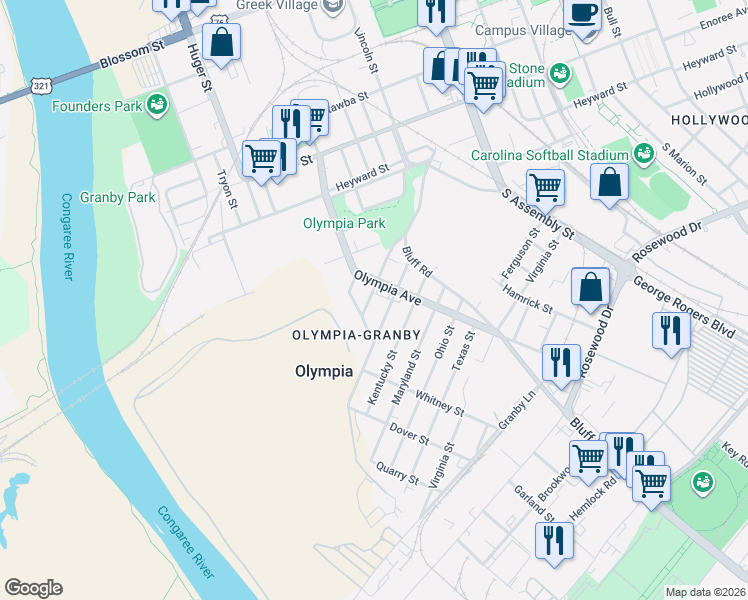 map of restaurants, bars, coffee shops, grocery stores, and more near 416 Florida Street in Columbia