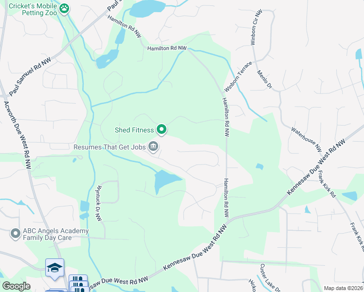 map of restaurants, bars, coffee shops, grocery stores, and more near 3650 Belgray Drive Northwest in Kennesaw