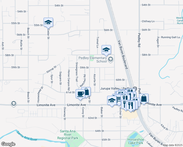map of restaurants, bars, coffee shops, grocery stores, and more near 5974 Natchez Road in Riverside