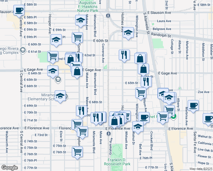 map of restaurants, bars, coffee shops, grocery stores, and more near 1664 East 66th Street in Los Angeles