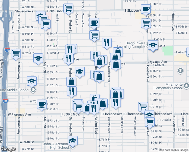 map of restaurants, bars, coffee shops, grocery stores, and more near 518 East 66th Street in Los Angeles