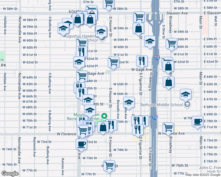 map of restaurants, bars, coffee shops, grocery stores, and more near 719 West 66th Street in Los Angeles