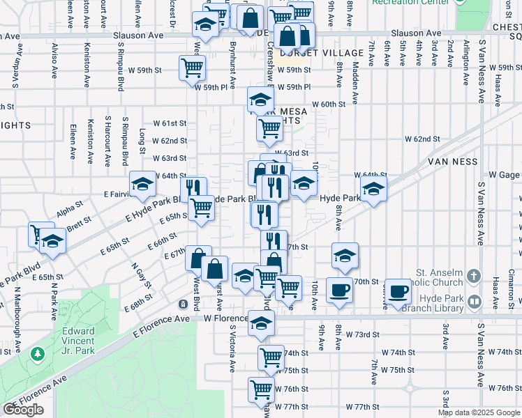 map of restaurants, bars, coffee shops, grocery stores, and more near 6536 South Victoria Avenue in Los Angeles