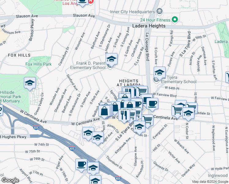 map of restaurants, bars, coffee shops, grocery stores, and more near 6625 South Springpark Avenue in Los Angeles