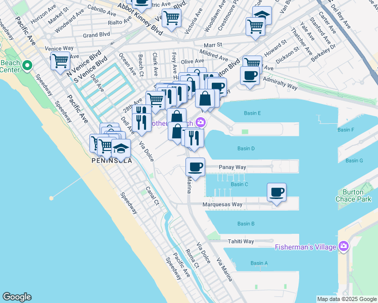 map of restaurants, bars, coffee shops, grocery stores, and more near 4163 Vía Marina in Marina del Rey