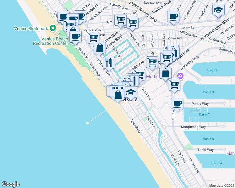 map of restaurants, bars, coffee shops, grocery stores, and more near 3007 Ocean Front Walk in Los Angeles