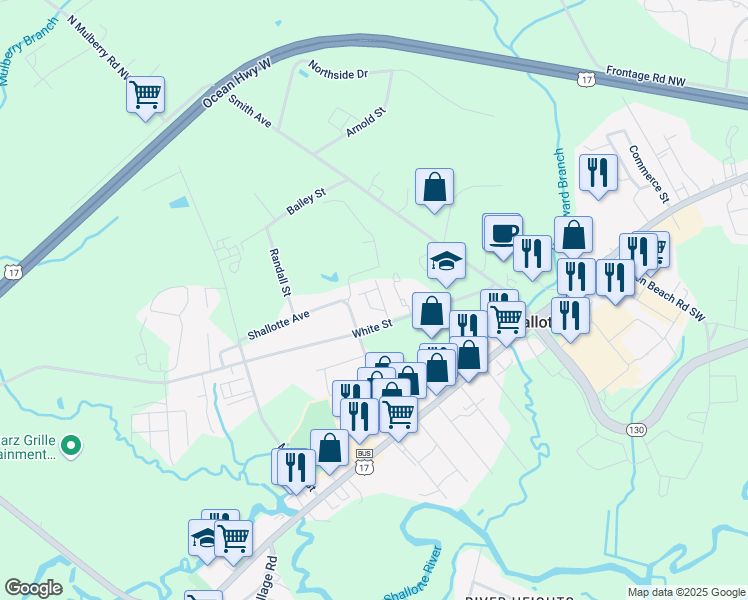 map of restaurants, bars, coffee shops, grocery stores, and more near 4648 White Street in Shallotte