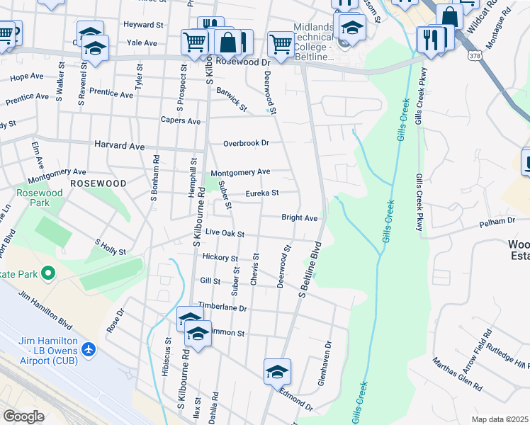 map of restaurants, bars, coffee shops, grocery stores, and more near 3910 Bright Avenue in Columbia