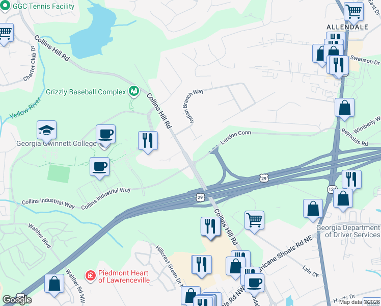 map of restaurants, bars, coffee shops, grocery stores, and more near in Lawrenceville