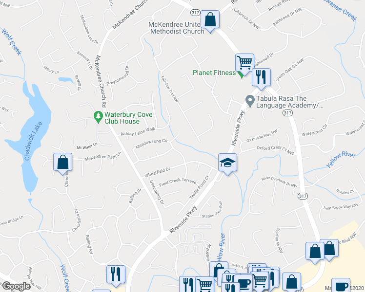 map of restaurants, bars, coffee shops, grocery stores, and more near 1070 Meadowsong Circle in Lawrenceville