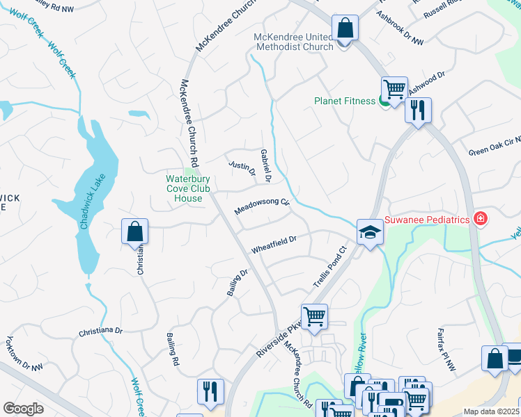 map of restaurants, bars, coffee shops, grocery stores, and more near 965 Meadowsong Circle in Lawrenceville