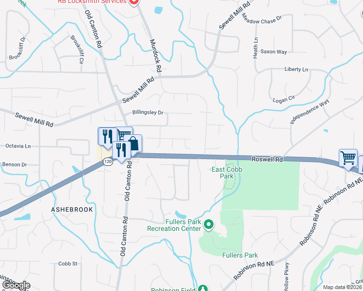 map of restaurants, bars, coffee shops, grocery stores, and more near 1235 Pemshire Court Northeast in Marietta