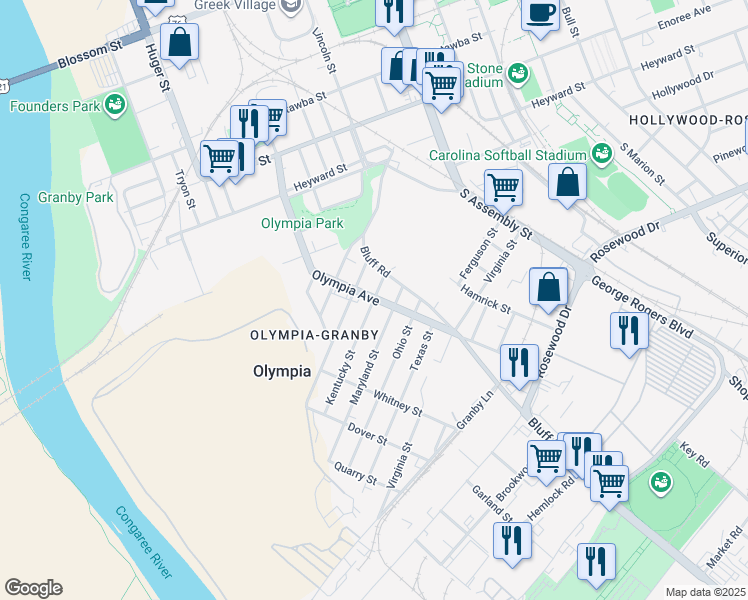 map of restaurants, bars, coffee shops, grocery stores, and more near Olympia Avenue in Columbia