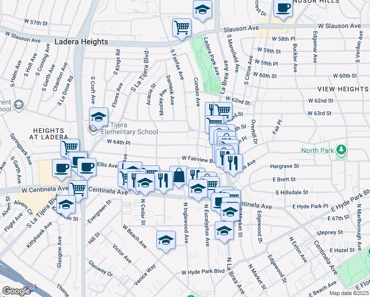 map of restaurants, bars, coffee shops, grocery stores, and more near 239 West Fairview Boulevard in Inglewood