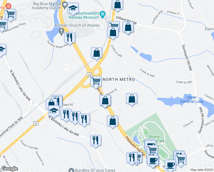 map of restaurants, bars, coffee shops, grocery stores, and more near 2947 Regal Park Court in Duluth